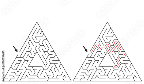 Triangular Maze Game for Adults - Easy Maze Game Flat Vector Black and White Outline Illustration.