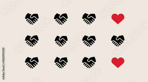 Business partnership, trust, and community love symbolized by graphic handshake and heart icons in a grid pattern.