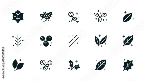 Minimalist Vector Plant and Leaf Icon Set. Simple Botanical Elements with Berries and Branches for Nature, Organic, or Seasonal Designs.