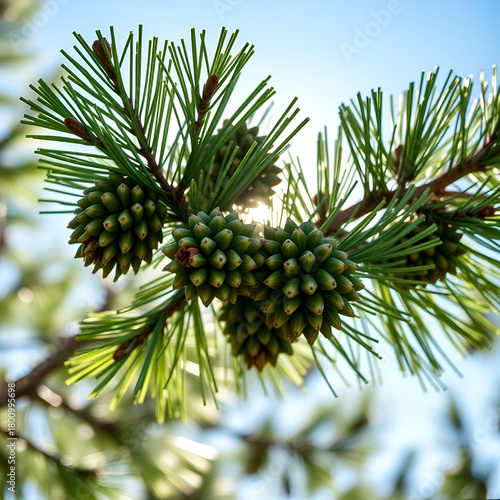 Green pine cones on a branch of pine tree, Pinus pinaster on the sunbeams. beautiful spruce cones and needles on sun blue sky