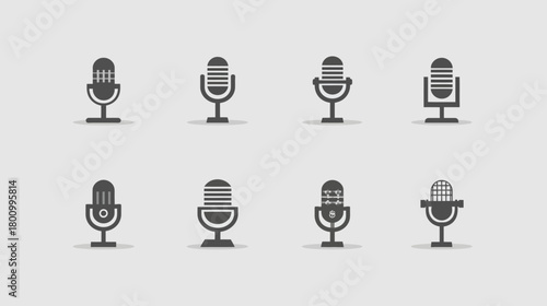 Collection of retro and modern microphone icons in a flat vector style. Ideal for audio, broadcast, and communication design elements.