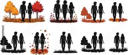 Couple walking in autumn, fall romance, seasonal love, silhouette illustration, nature background, hand in hand, peaceful moment, autumn leaves, scenic stroll