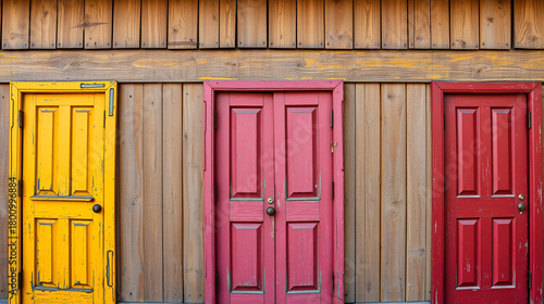 Old yellow, brown, red doors. Wood texture. Old shabby irradiated paint