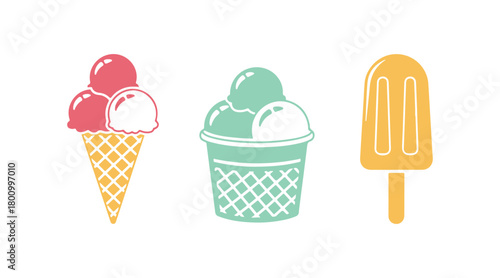 A collection of straightforward multicolor  ice cream icons set against a white backdrop. Includes a waffle cone, three scoops of ice cream, a waffle cup, and a popsicle on a stick. 