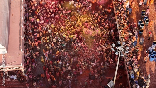 Obraz na płótnie 4K Drone Aerial View of Braj Holi in Nandgaon, Mathura | Traditional Krishna Hol