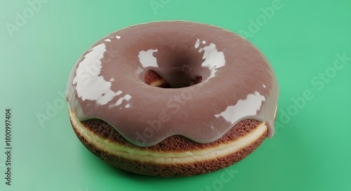 A close-up of a classic chocolate-glazed donut with a shiny coating, resting on a vibrant green background, highlighting its texture and appetizing appearance