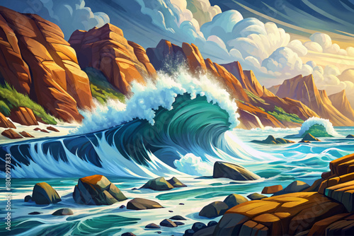 Strong waves hitting sharp rocks on rugged coastline, windy dynamic seascape with dramatic spray and textures