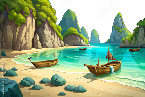 Turquoise shallow sea with longtail boats cartoon vector, limestone cliffs and soft white sand under bright tropical sunlight