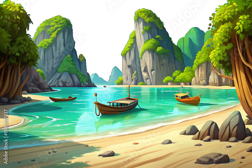Turquoise shallow sea with longtail boats cartoon vector, limestone cliffs and soft white sand under bright tropical sunlight
