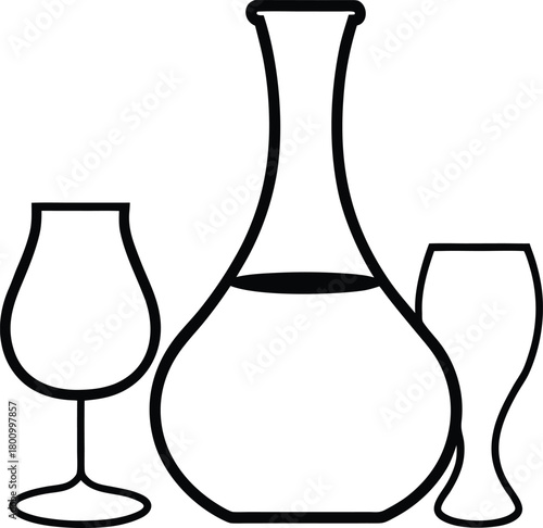 Wine decanter and glasses line art on white background transparent background