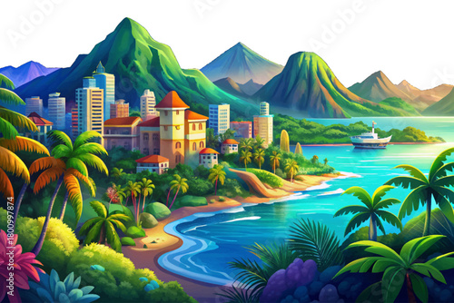 Vibrant blue sea with lush mountains vector cartoon, colorful city coastline and iconic tropical atmosphere