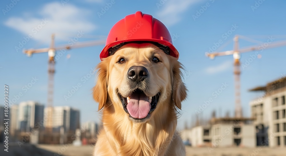Naklejka premium Golden retriever wearing red hard hat construction