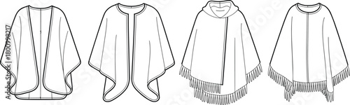 Fashion cape illustrations, poncho design sketches, outerwear technical drawings, garment flat sketches, elegant cape templates, winter fashion design elements