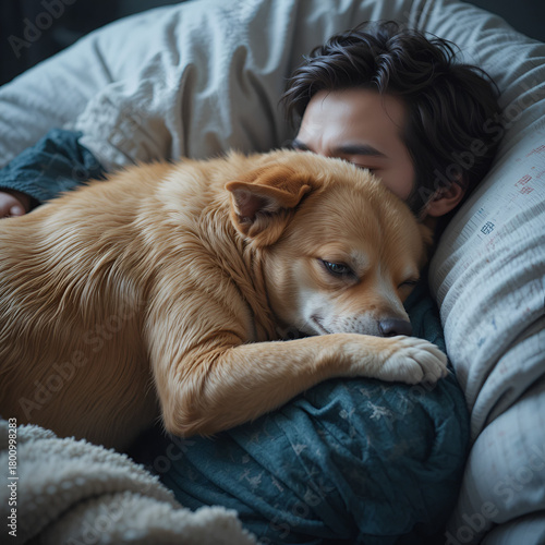 Dog snuggle with sleeping man