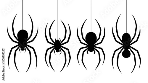 Collection of four distinct black spider silhouettes suspended by threads, ideal for halloween decorations, spooky designs, fear-related concepts artwork.