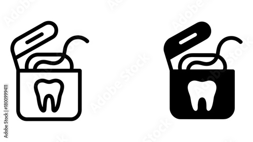 Dental floss container with tooth icon, black outline and solid filled versions, representing essential oral hygiene and preventative dental care practices.