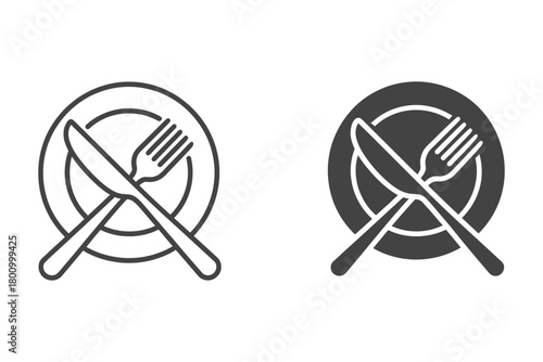 Meal serving outline and solid icon set featuring a plate with crossed knife and fork, symbolizing dining, restaurant, and food service.