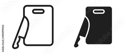 Kitchen cutting board and sharp chef's knife icon set for culinary preparation, food chopping, cooking, and kitchen utensil tools vector graphic