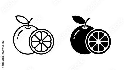 Orange fruit icon set with line and glyph style, representing healthy eating, fresh citrus, and natural sweetness, ideal for web design.