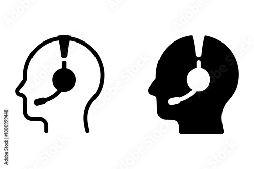Customer support icon: outline and solid human head with headset, microphone. symbolizes digital communication, assistance, call center, and online services.