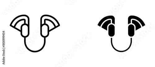 Wireless earbuds with radiating lines icon set, featuring both outline and glyph styles, symbolizing sound, technology, and audio connectivity