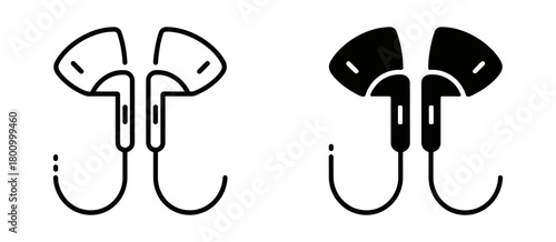 Earphone and earbud vector icons: a contemporary set in outline and solid black graphic styles for personal audio devices, music, and communication tech.