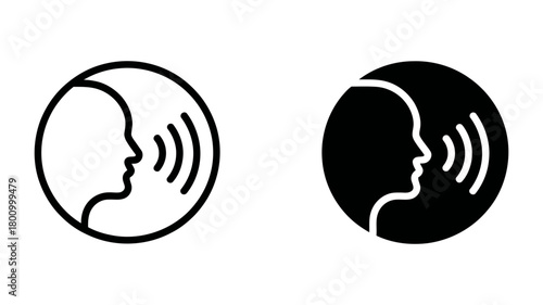 Speech communication icon set with human profile silhouette emitting sound waves in a circle, vector design for voice and audio interface