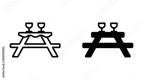 Picnic table with two wine glasses icon set for outdoor dining, celebration, and leisure activities, perfect for app and web design elements