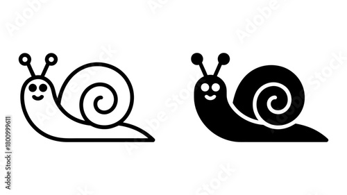 Cheerful cartoon snail icon set in both outline and solid silhouette styles, depicting a cute gastropod with a spiral shell and antenna.