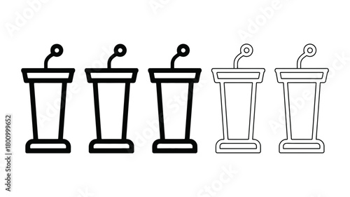 Podium with microphone icon set in various styles, offering a versatile collection of speaker stands for public speaking and presentation themes