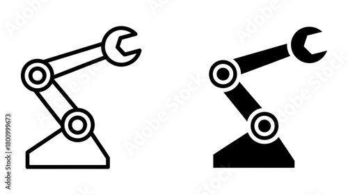 Robotic arm icon set with outline and filled versions, symbolizing automation, industry, and mechanical precision in modern manufacturing technology
