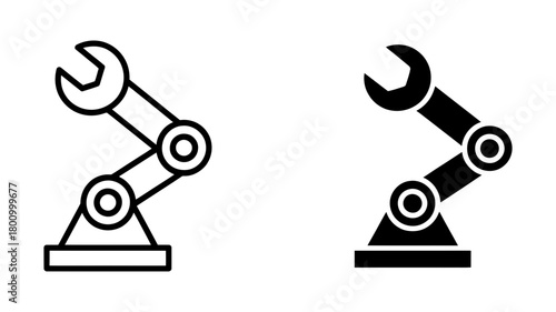 Industrial robot arm with wrench icon in line and solid style, representing modern manufacturing, automation, repair, and future technology.