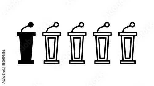 Public speaking podiums with microphones, vector icon set for conference presentations, debate forums, and education lectures, solid and outline styles