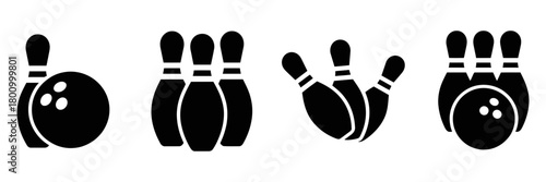 Bowling pins and ball icon set. sport game activity pictogram collection representing leisure, recreation, strike, spare, and competition.