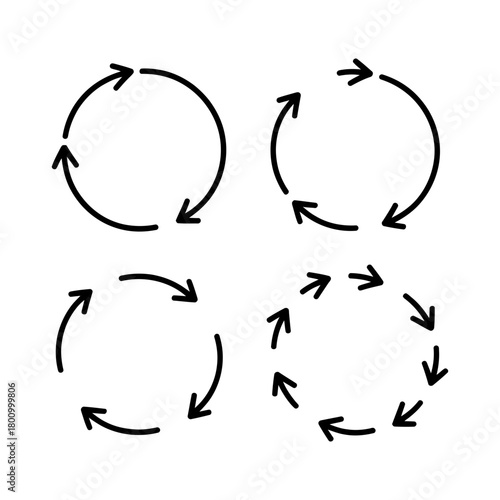 Set of hand-drawn circular arrow icons depicting refresh, reload, cycle, and continuous processes in a simple doodle vector style.