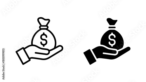 Hand holding money bag icons with dollar sign, symbolizing financial success, savings, investment, charity, wealth, income, and payment, line and solid vector