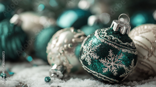 Christmas Ornaments Closeup Teal Silver and White Holiday Decoration