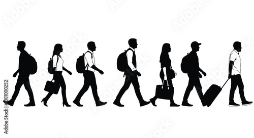 Silhouette illustration of people walking with luggage and backpacks in a straight line formation