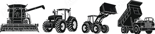 Black and white illustration of a combine harvester tractor loader and dump truck vehicles in a row