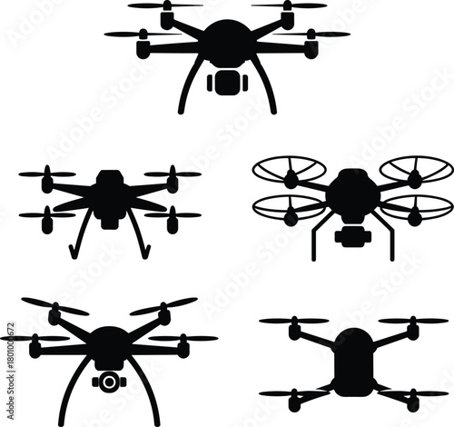 Black silhouette set of five drone designs including quadcopters and hexacopters with cameras, rotors, and aerial photography gear
