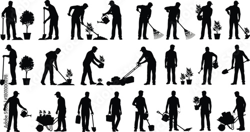 Silhouetted figures engaged in various gardening and yard work activities in a group setting