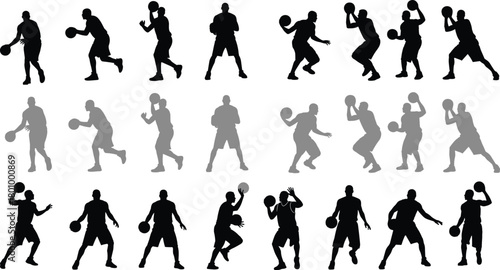 Basketball player men silhouettes set, dribbling, shooting, passing, and attacking actions, sports, competition, and team game vector collection.