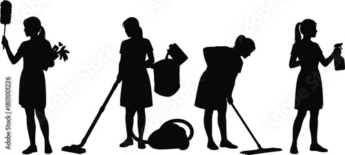 Female cleaner and housekeeper silhouettes set, women cleaning with mop, vacuum, and dusters, domestic service and janitorial staff vector.