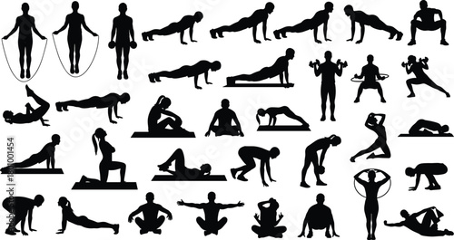 Set of people fitness and gym workout silhouettes, doing yoga, stretching, push-ups, and cardio exercises, healthy lifestyle vector collection.