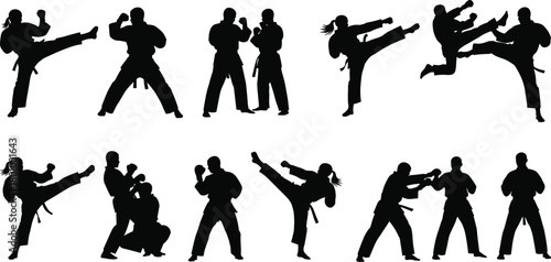 Karate and taekwondo fighters silhouettes set, performing high kicks, sparring, and self-defense movements, martial arts training vector.