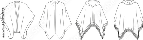 Poncho and cape template collection, front views of various outerwear designs with fringe options, fashion apparel vector outline illustration