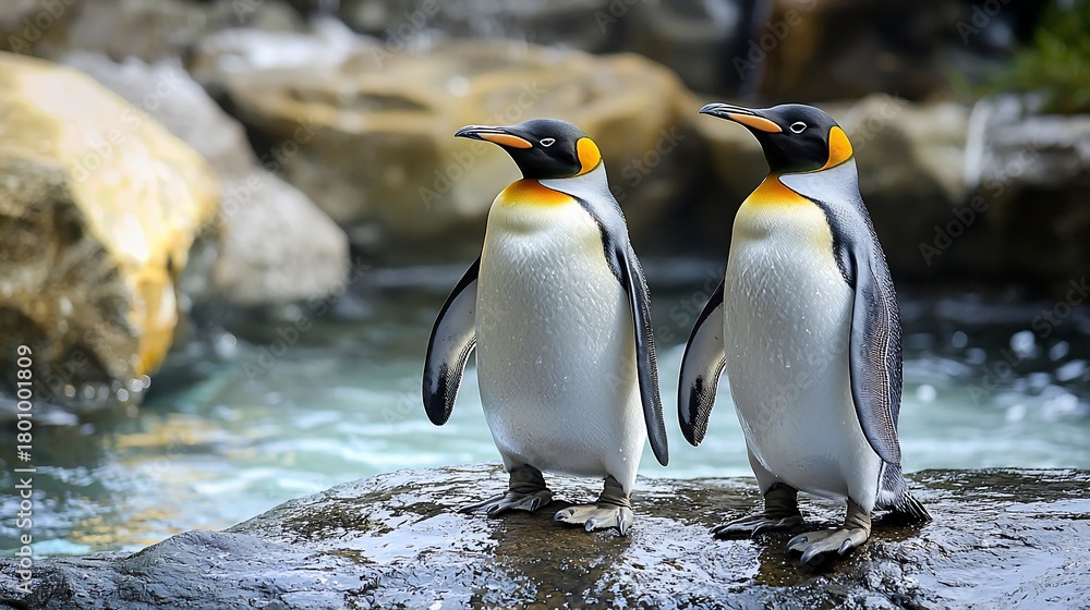 Fototapeta premium Majestic Duo Two King Penguins Standing Proudly on a Wet Rock.