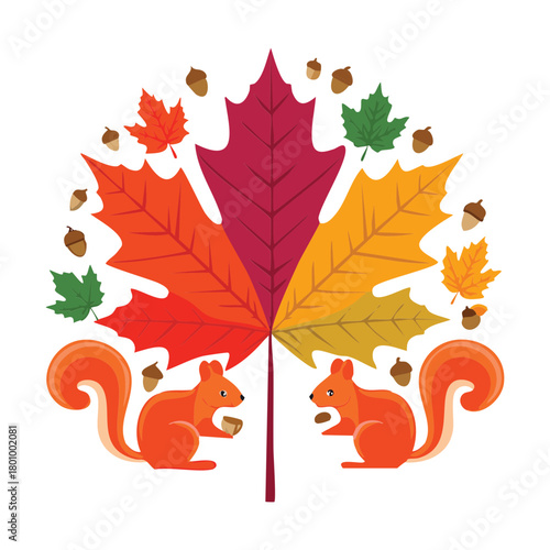 Large Maple Plant Leaf Surrounded by Acorns and Two Cute Squirrels, Simple Autumn Seasonal Illustration, Vector Graphic