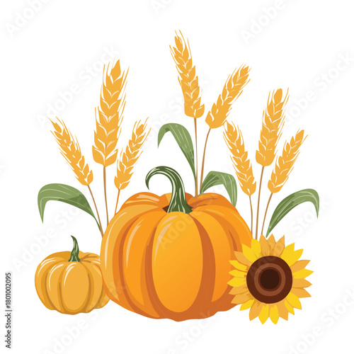 Golden Wheat Plant Stalks and Large Pumpkin with Sunflowers, Traditional Autumn Harvest Element, Vector Illustration