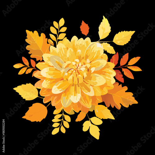 Burst of Golden Mum Plant Flowers and Autumn Leaves, Floral Decoration Element for Fall Season Design, Vector Illustration